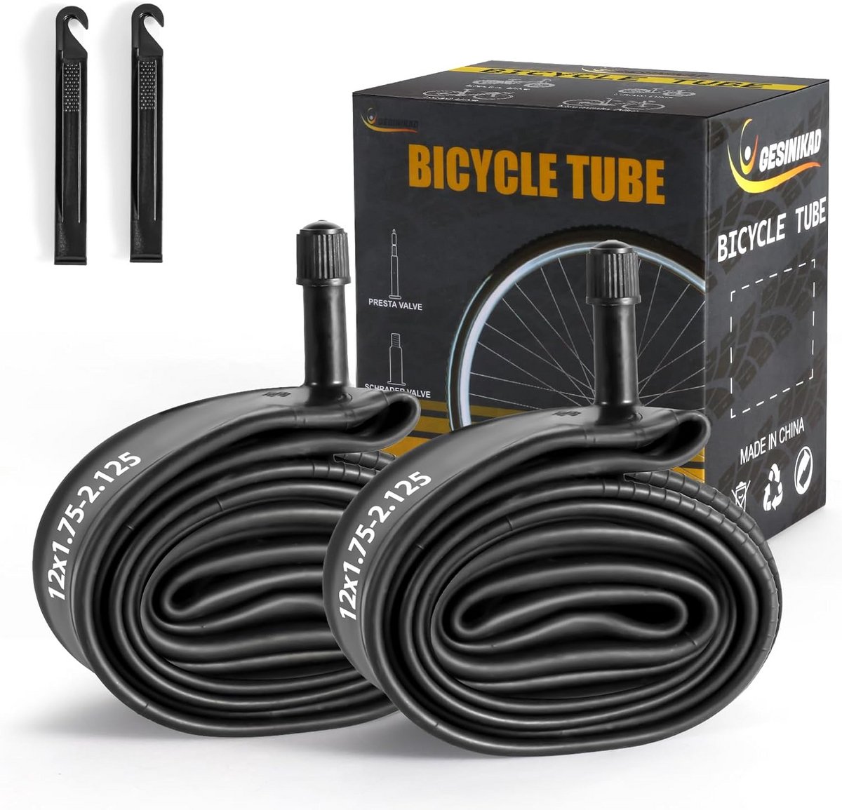 Set van 2 12 inch fietsbinnenbanden met Schrader ventiel - Compatibel met banden 12 x 1.75/1.9/1.95/2.0/2.1/2.125
