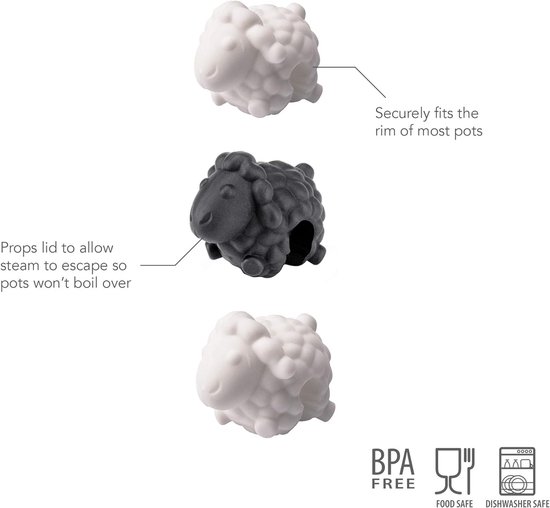 Drie siliconen deksel lifters in schaapvorm. Tekst: 'Securely fits the rim of most pots' en 'Props lid to allow steam to escape so pots won't boil over'. BPA-vrij, voedselveilig, vaatwasserbestendig.