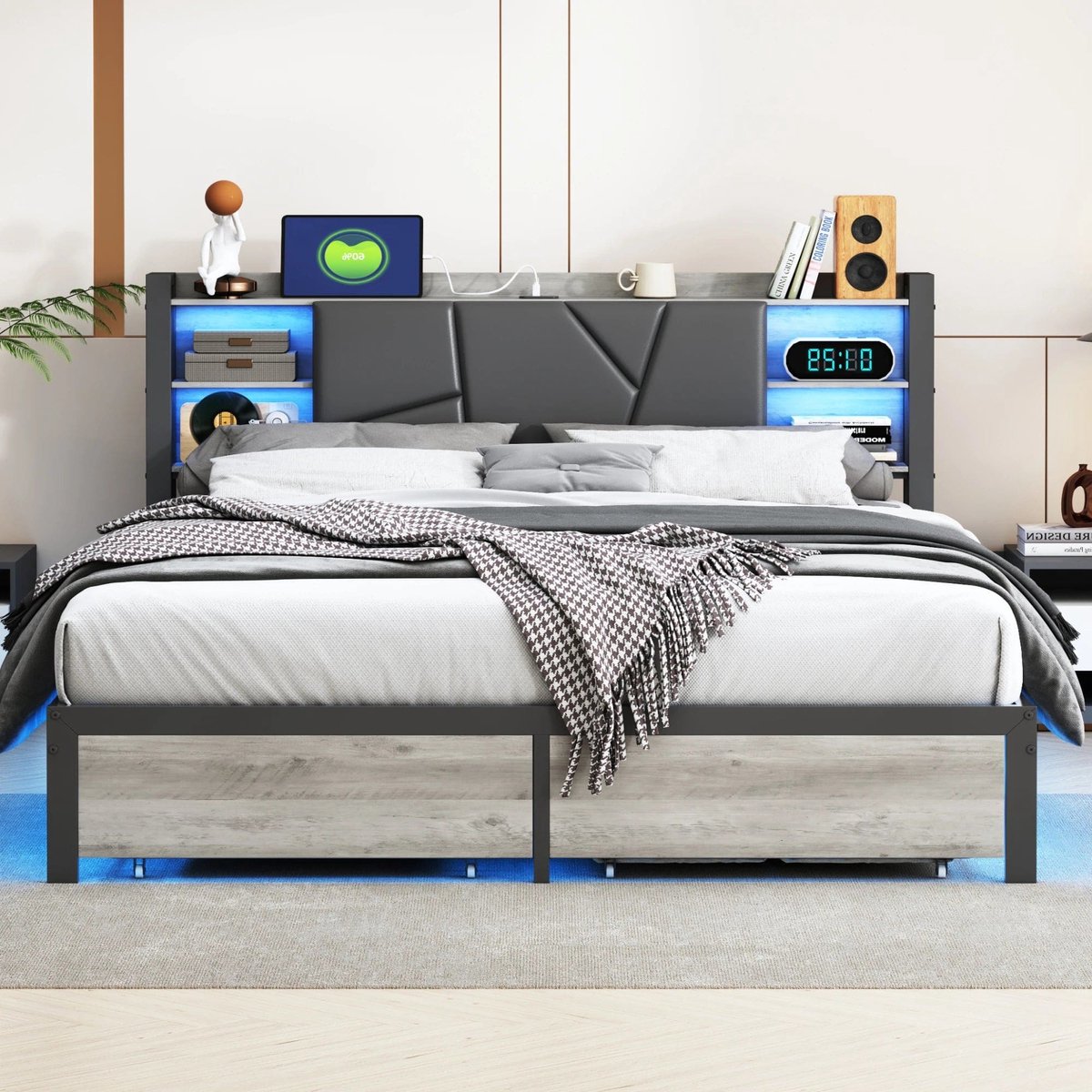 Modern Gestoffeerd Tweepersoonsbed – Gestoffeerd Bed – Opbergbed – Led Bed – Metalen Bedframe – 160x200 CM – Usb-Laadpoort – Ruime Opberglades