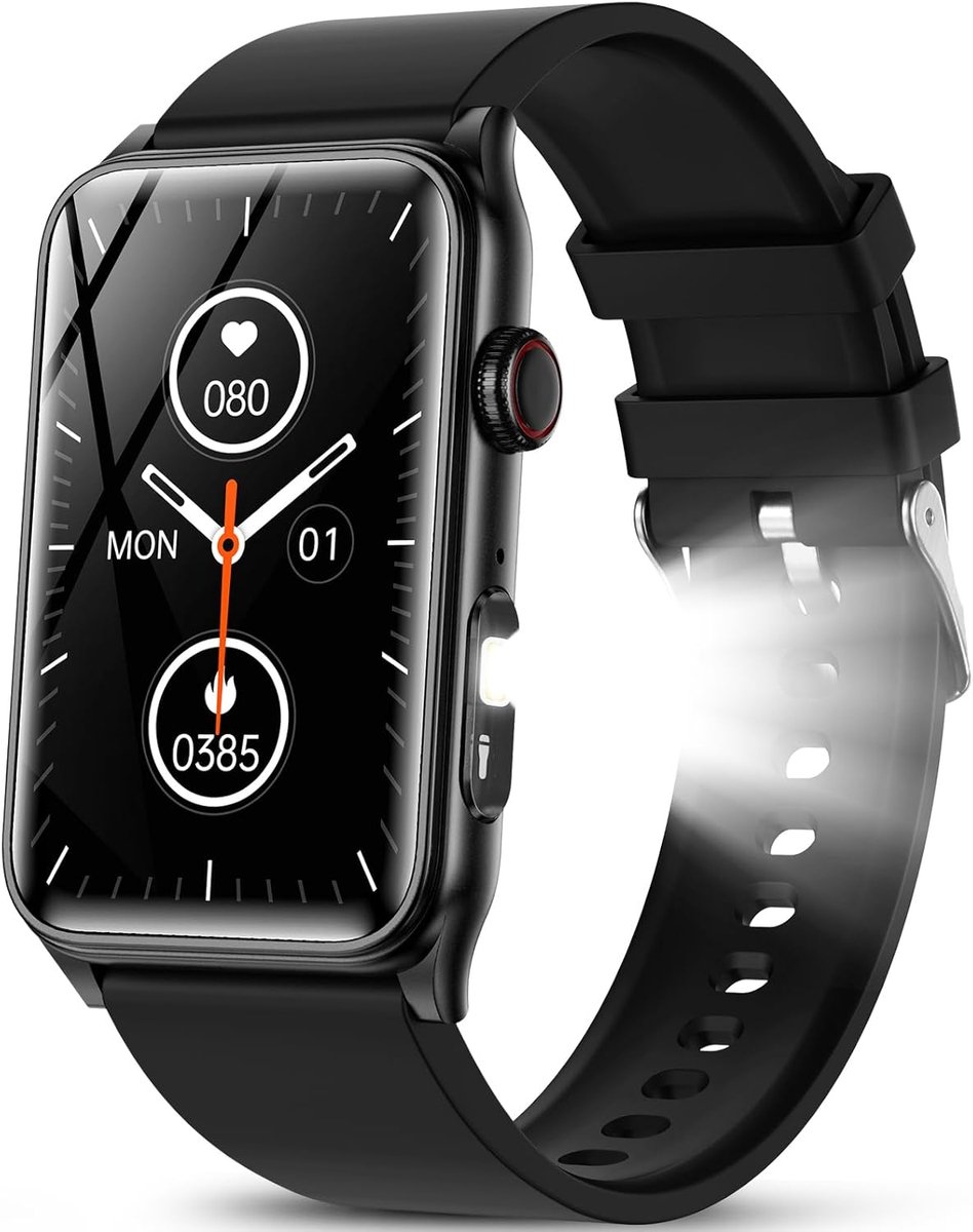 Smartwatch voor Heren met LED Zaklamp en Fitnesstracker - 1,57 Inch Gezondheid Monitor met Bloeddruk, Slaap, SPO2 en Hartslagmeter - 130+ Sportmodus