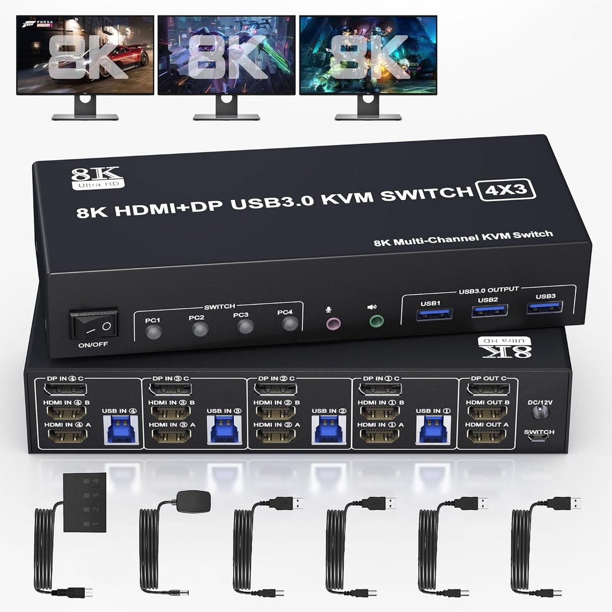 KVM Switch voor 3 Monitoren en 4 Computers met 8K @60Hz en USB 3.0