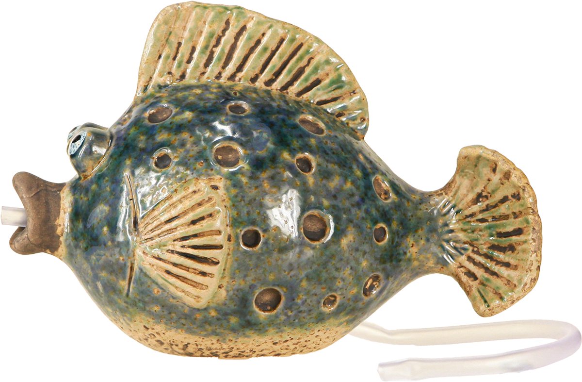 Waterspuwerfiguur, keramische vis, blauw en bruin, 20×11×13,5 cm