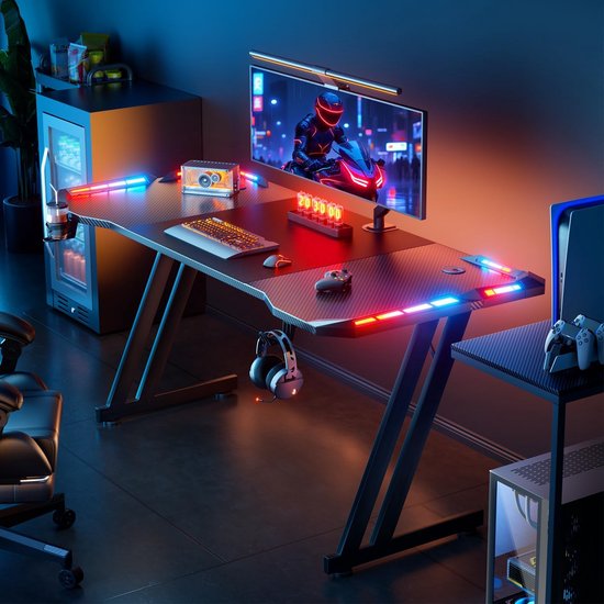 Ergonomisch Gaming Bureau 120 x 60 cm - Gamingtafel met Koolstofvezel Oppervlak, Bekerhouder en Hoofdtelefoonhaak - Zwart van Merkloos — afbeelding 2