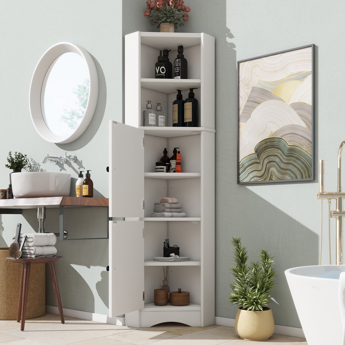 HAUSS SPOLE Badkamerkast - Driehoekig Hoekkast Met Verstelbare Plank - Voor Badkamer - Gelakt MDF - 51,7x32x155,4 cm - Wit