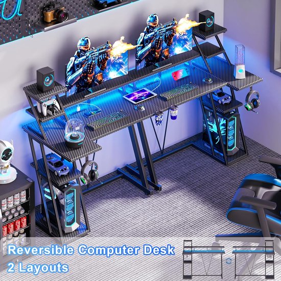 40 Inch Gamingbureau met LED-verlichting en Stopcontact - Klein L-vormig Computerbureau voor Gamers Met Monitorstandaard — afbeelding 3