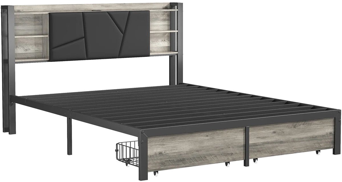 Metalen Tweepersoonsbed – Stalen Bedframe – Opbergbed – Led-Verlicht Bed – Bed Met Laden – 140x200 cm – Ingebouwde USB Poorten – RGB LED Verlichting