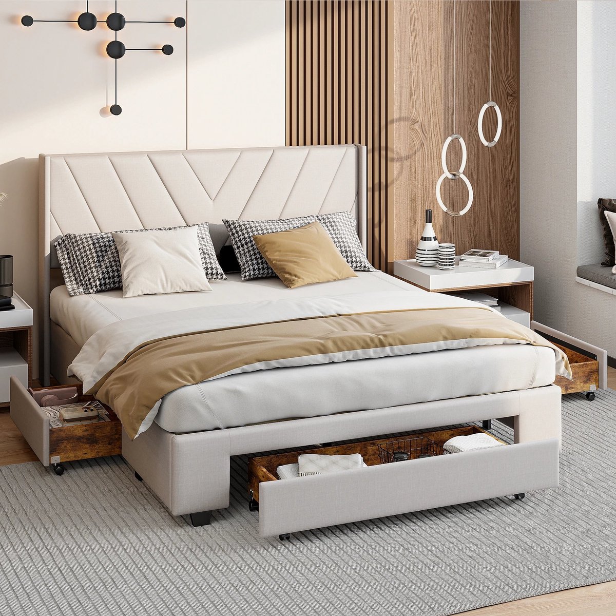 Tweepersoonsbed – Gestoffeerd Bed – Opbergbed – Ladebed – Linnen Bed – 160x200 cm – Met 3 Lades en Houten Lattenbodem