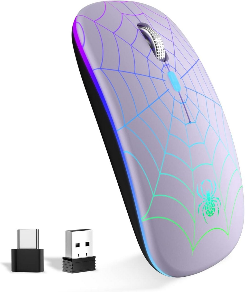 Draadloze Oplaadbare Muis met USB en Type-C Converter, RGB in 7 Kleuren, Draagbaar en Nauwkeurig Instelbaar