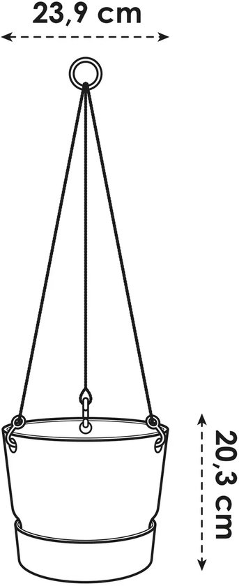 Schematische tekening van een hangpot met afmetingen 23,9 cm breed en 20,3 cm hoog.