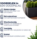 Voordelen van de plantenbak: modern design, waterafvoer, weerbestendig, veelzijdig, stabiel. Zwarte plantenbak met groene planten.