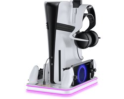 PlayCool all-in-one Multifunctionele RGB Oplaadstation- en Displaystandaard Geschikt voor PlayStation 5/ PS5 Slim/ PS5 Pro (Disc & Digital) & PlayStation Portal (incl. Screen Protector) - DualSense (Edge) controller