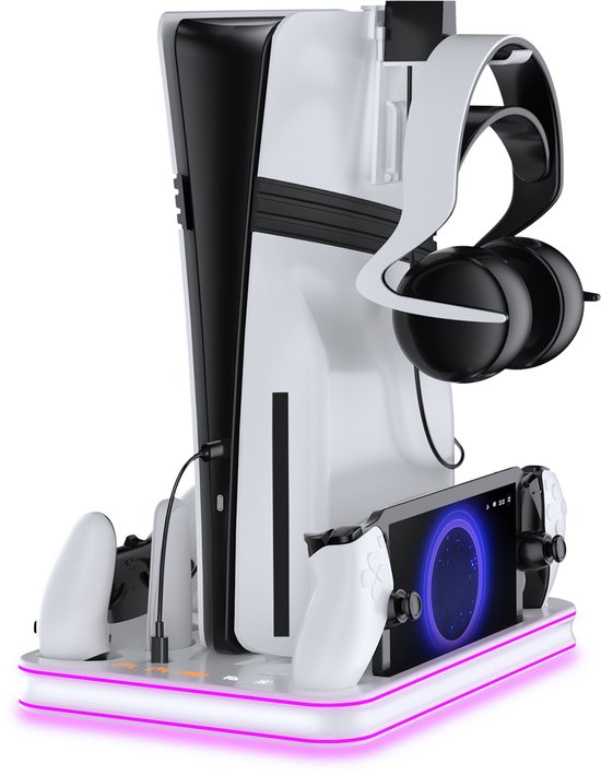 PlayCool all-in-one Multifunctionele RGB Oplaadstation- en Displaystandaard Geschikt voor PlayStation 5/ PS5 Slim/ PS5 Pro (Disc & Digital) & PlayStation Portal (incl. Screen Protector) - DualSense (Edge) controller