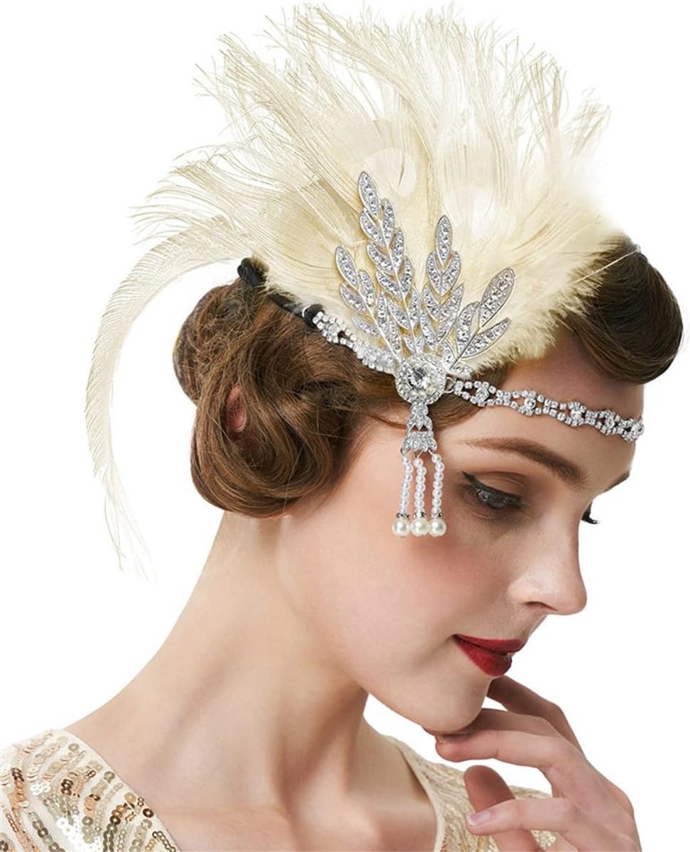 Dames Hoofdband met Veer en Strass Steentjes Gatsby Stijl