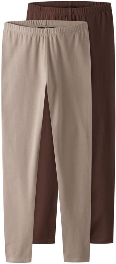 Twee leggings: een bruine en een taupe legging met elastische tailleband.