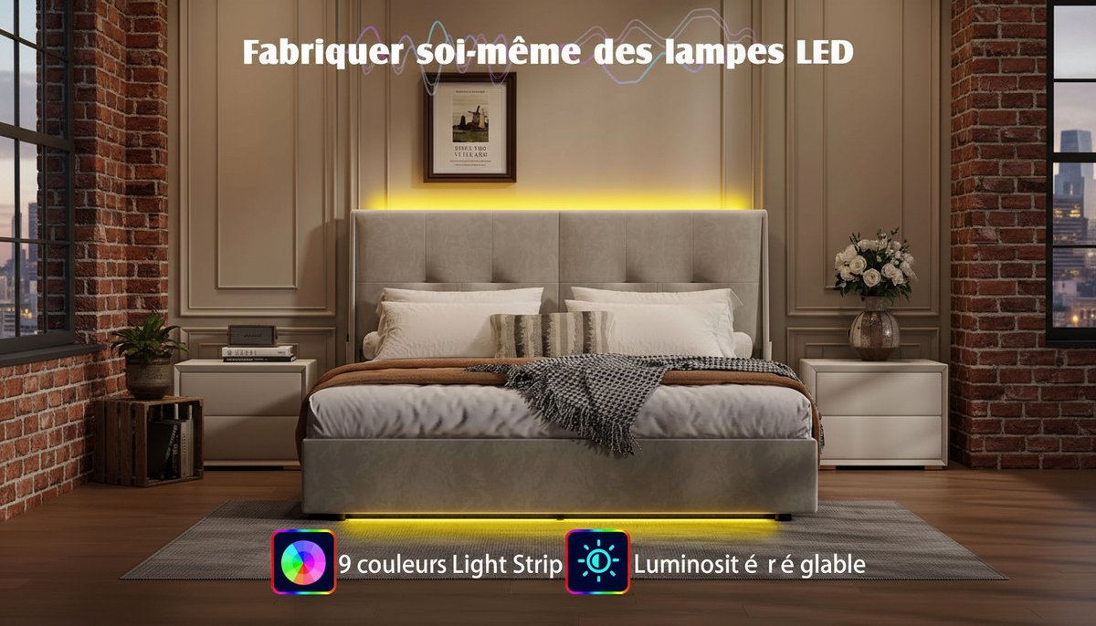 Opbergbed 140x200 cm met LED-verlichting en Gasveer Opbergruimte – Casa Velluto Luxe Gestoffeerd Tweepersoonsbed met Hoofdbord, Flanel Bekleding, Moderne Bedframe met Lattenbodem – Beige