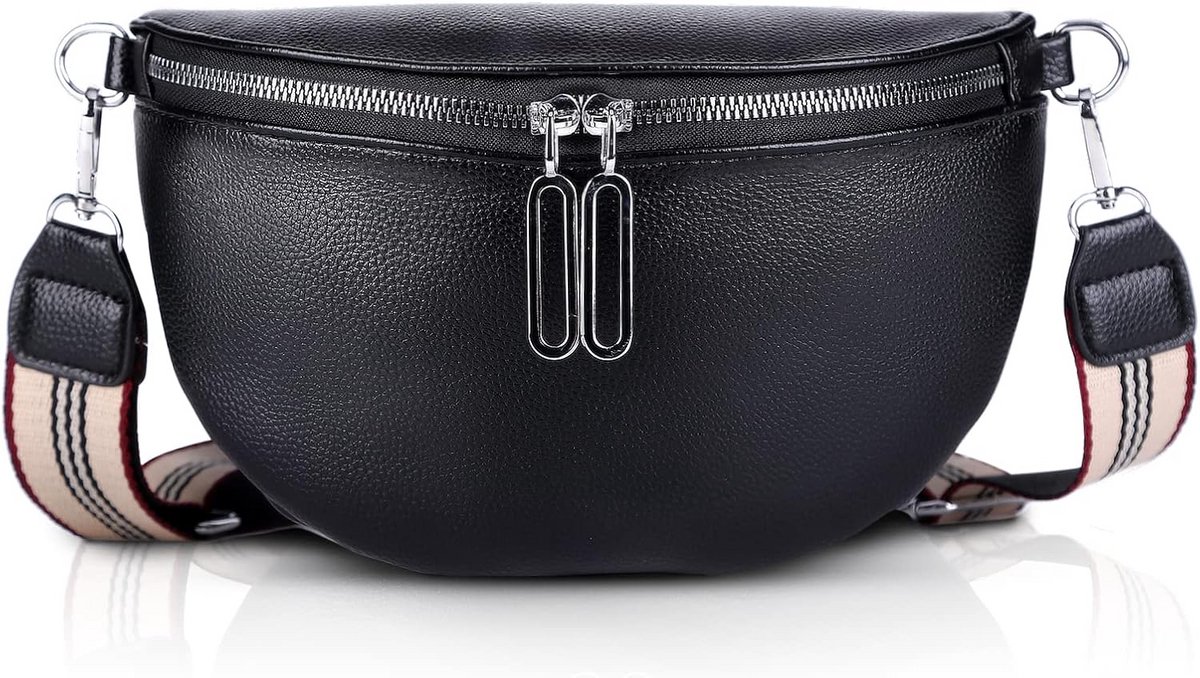 Dames Schoudertas Zwart PU Leer met Brede Verstelbare Riem - Crossbody en Heuptas