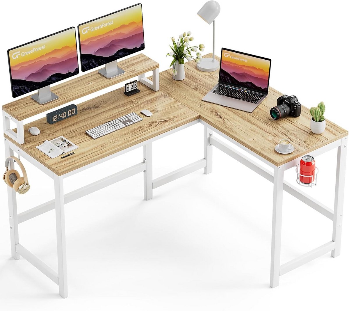 L-vormig Hoekbureau met Monitorstandaard - Compact Computertafel voor Thuiswerkplek