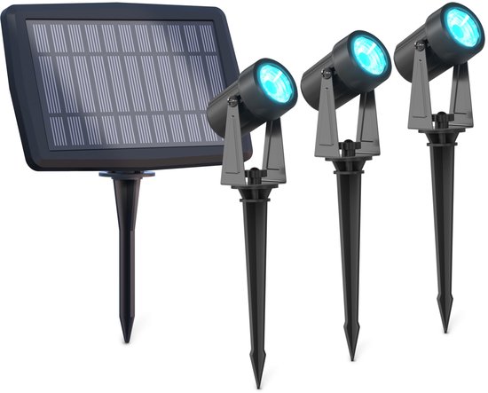 Set van een zonnepaneel en drie zwarte spots met blauwe verlichting.