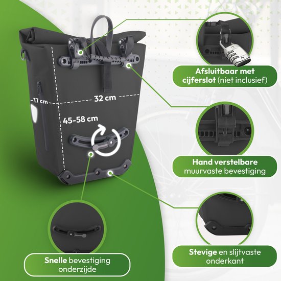 Ekostar® Enkele 2-in-1 Fietstas - Duurzaam & Waterdicht TPU - 24-31 L - Zwart - Met Laptopvak & Reflectoren van Merkloos — afbeelding 5