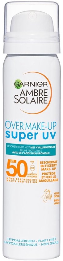 Garnier Ambre Solaire Over Make-up Super UV Mist Gezicht SPF50 - met Glycerine, Vitamine E en Hyaluronzuur – Beschermt & Fixeert Make-up - Skizonnebrandcreme - 75ml
