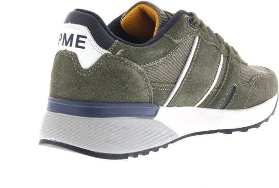 Groene PME Legend sneaker met witte accenten en logo, van de achterkant gezien.