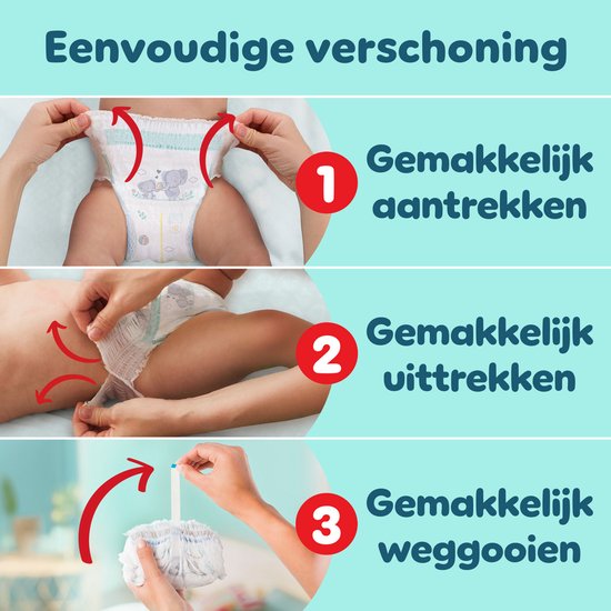 Illustratie van het aantrekken, uittrekken en weggooien van een luier.