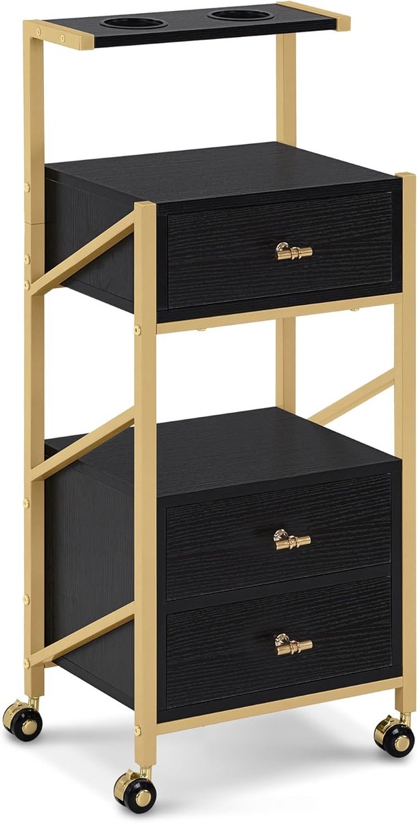 Professionele Trolley met Wielen en 3 Laden Zwart Goud voor Salon of Badkamer