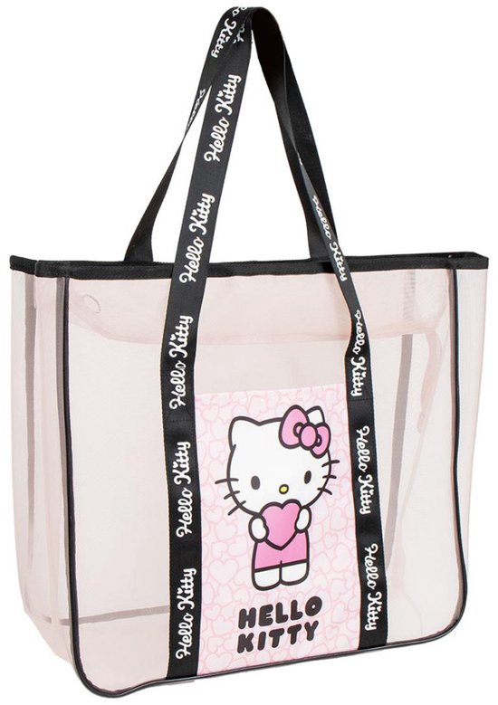 Lichtroze mesh tote tas met zwarte "Hello Kitty" banden en Hello Kitty met hart print.