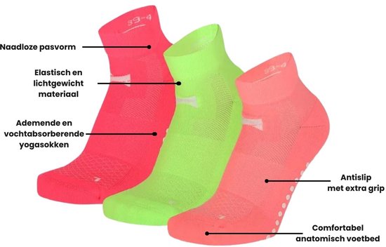 Xtreme Yoga Sokken Neon Roze / Groen / Oranje - 3 paar - Pilates sokken - Antislip - Anatomisch voetbed - Maat 39/42 van Xtreme — afbeelding 2