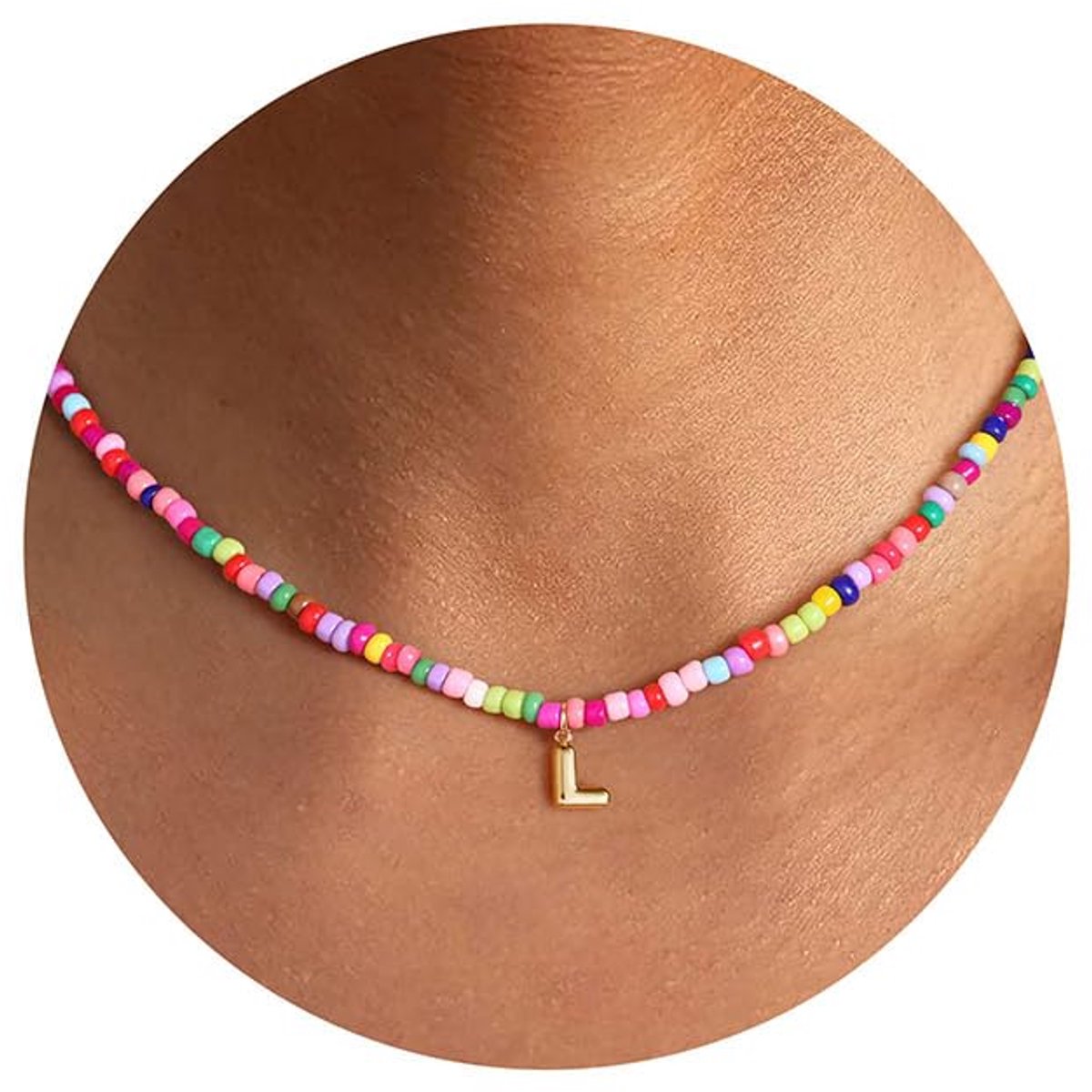Bunte Perlenkette - Handgefertigde Keten met Buchstaben - Verstelbare Lengte 40,5 cm + 6,5 cm