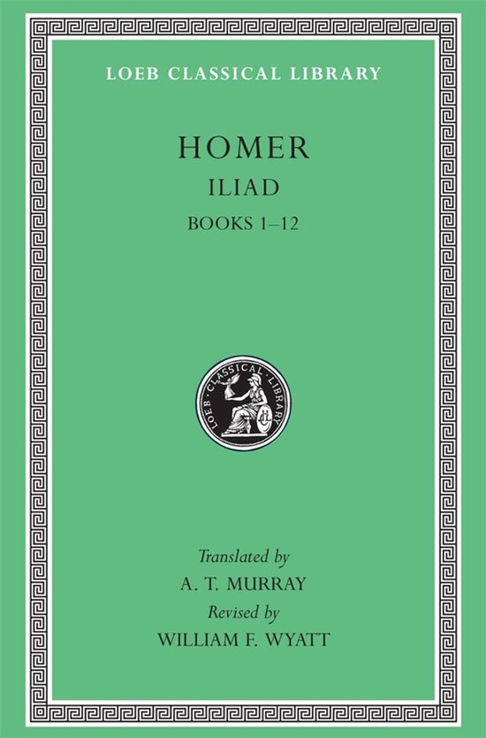 Boek: Homerus, Ilias Boeken 1-12. Groene omslag met Griekse rand en tekst.