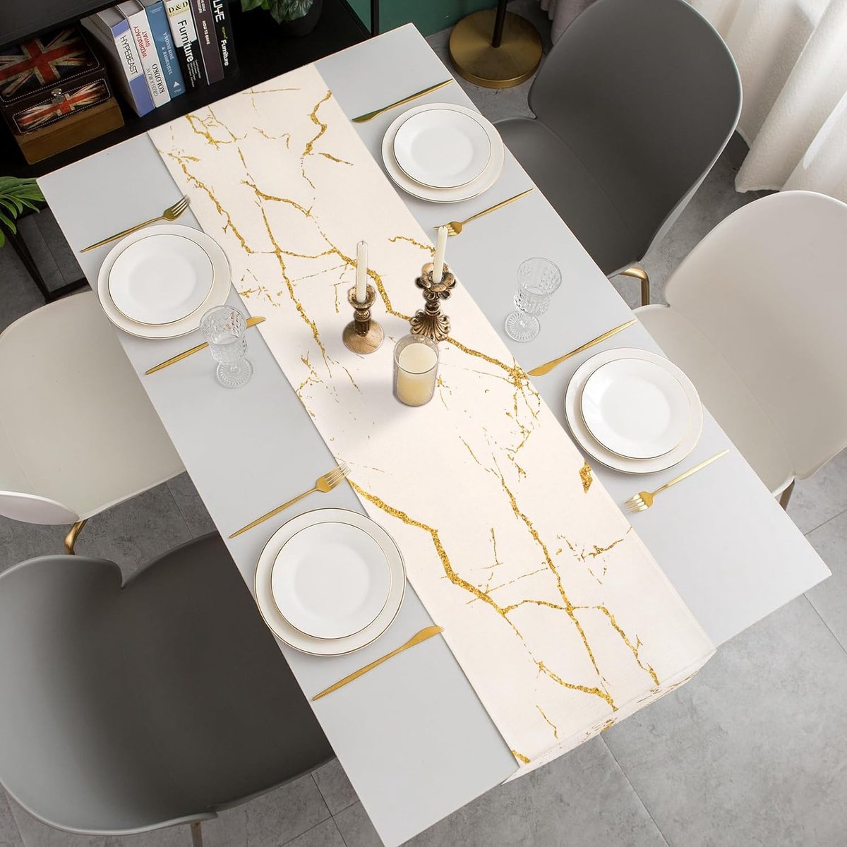 Linnen Tafelloper Modern Wit Marmer Gouden Textuur 40x140 cm