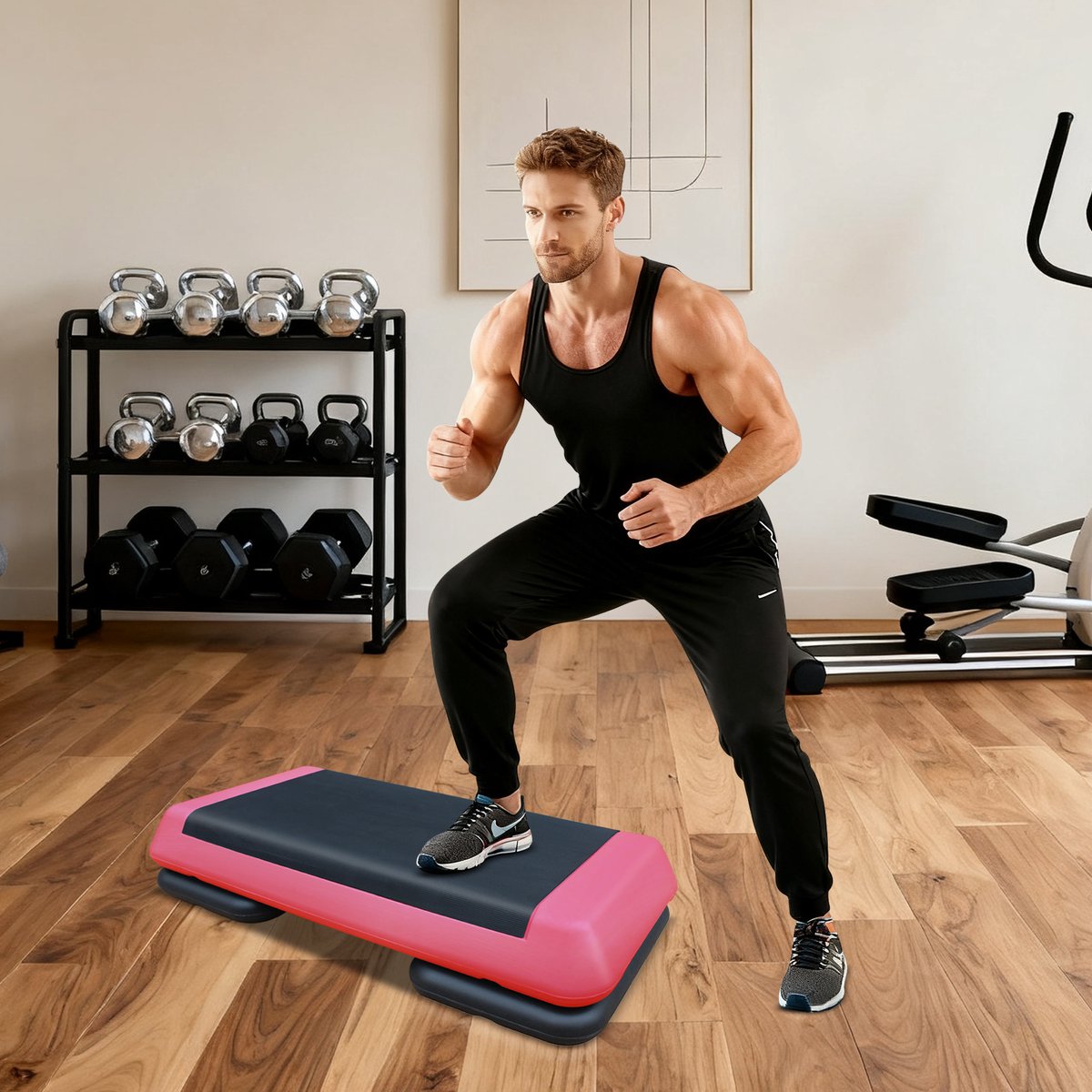 MODFU - Verstelbare Aerobic Stepper - Antislip - Kunststof - Rood Zwart - 76 X 35 X 15,5 Cm