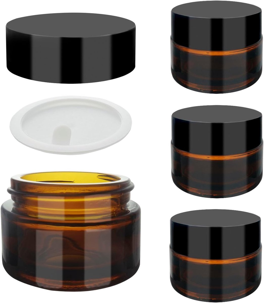 4x 15ml Bruine Glazen Crèmepotjes met Schroefdop en Witte Binnenvoering