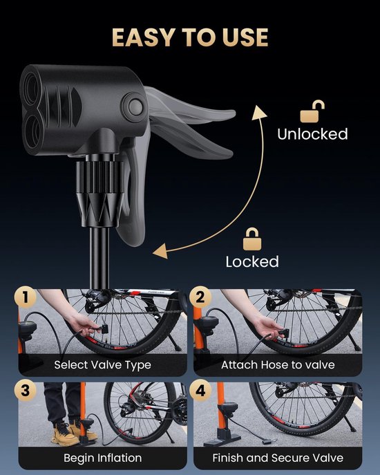 Hogedruk fietspomp met manometer voor Racefiets MTB en Ballen - Universele Ventieladapter — afbeelding 2