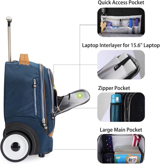 Rollende Laptoptas Met 4 Wielen – 30 Liter, Waterdicht 1680D Nylon, Trolleytas Voor Werk En Reis, Zwart