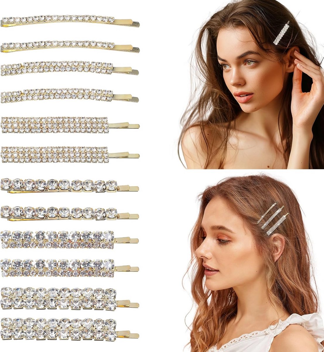 12x Luxe Haarspeldjes met Strass Steentjes - Gouden Bruiloft & Feest Haaraccessoires