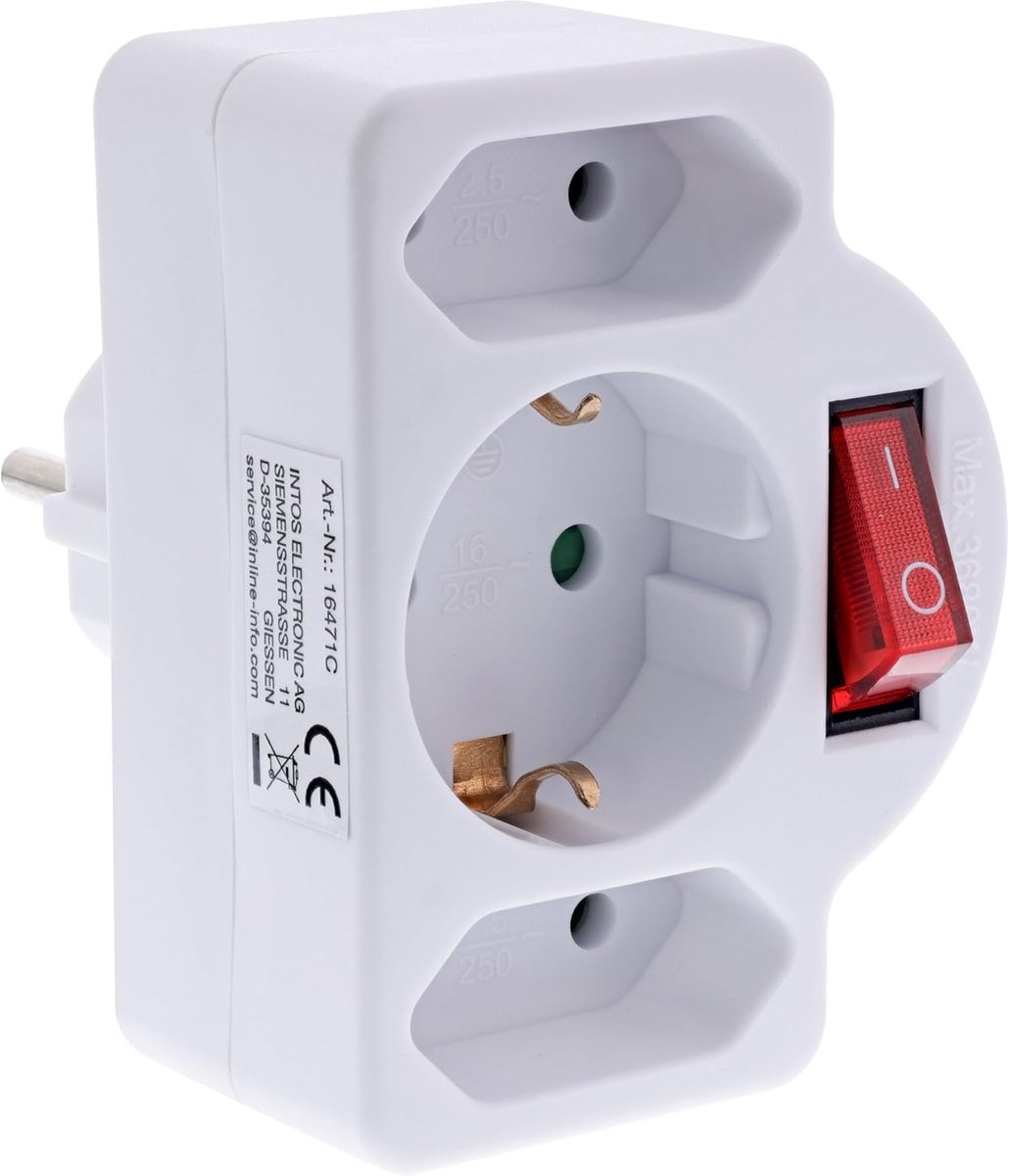 Stekkerblok met Schakelaar: 3-voudige Adapter met Euro en Geaarde Contactdozen, Wit