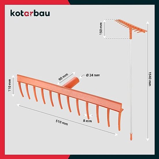 KOTARBAU® Bladhark, Tuinhark, Kunststof Bladhark, 51 cm, 12 Tanden, met Aluminium Steel, Lichtgewicht Hark, Ergonomisch Ontwerp, Bladbezem voor Tuin, Oranje & Zilwer van Merkloos	 — afbeelding 3