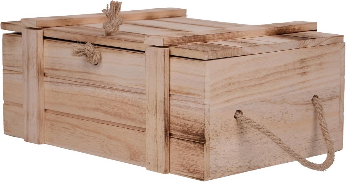 Decoratieve Houten Opbergkist met Deksel en Jute Koord - Rustiek Geschenkverpakking