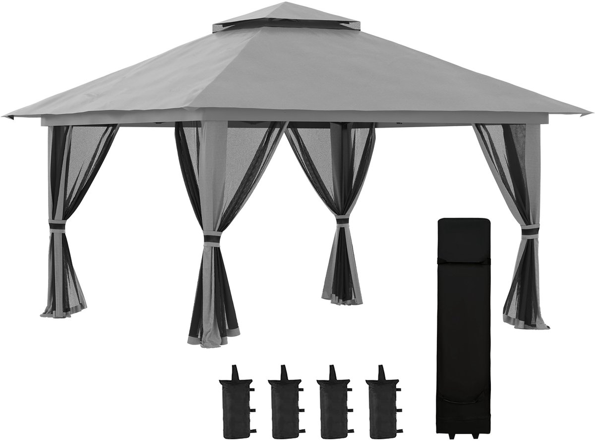 Wishdor - Vouwpaviljoen - Met Netwanden En UV-Bescherming - Voor De Tuin - Metaal - Donkergrijs - 392 X 392 X 283 Cm
