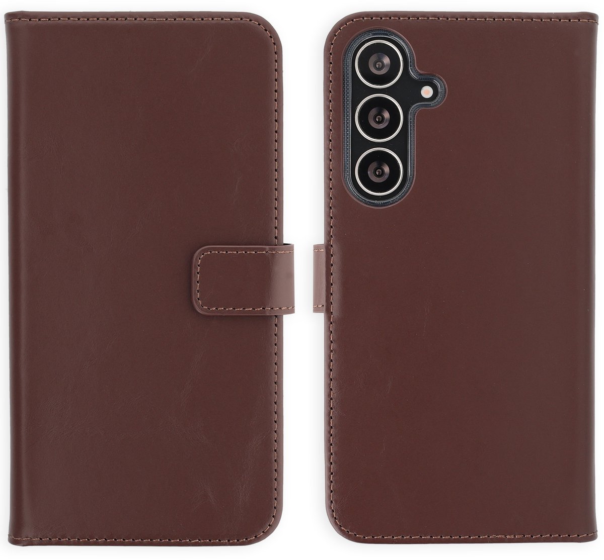 Selencia Hoesje - Geschikt voor Samsung Galaxy S25 FE - Echt Lederen Bookcase - Donkerbruin
