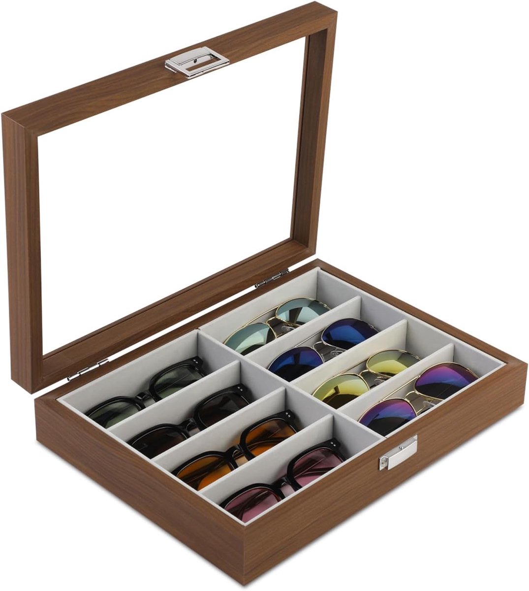 Luxe Houten Brillen Opbergdoos met 8 Vakken voor Zonnebrillen en Accessoires