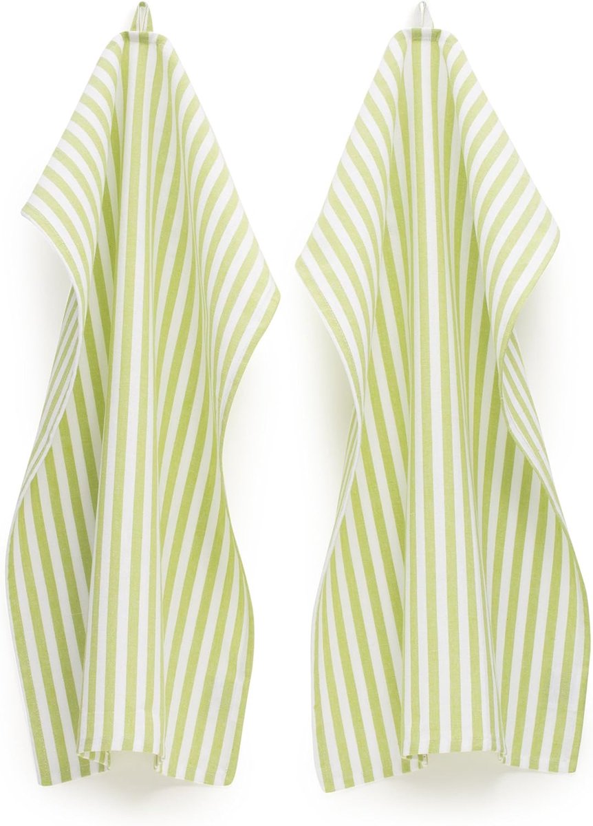 Theedoeken Set van 8 - Lichtgroen/Wit Gestreept - 45x70 cm - 100% Katoen Keukendoeken
