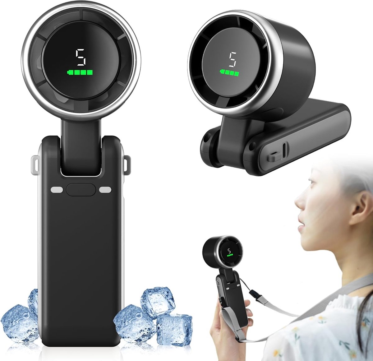 Oplaadbare mini-ventilator, 5 instelbare snelheden, 3600mAh-batterij, reisventilator, turbineventilator, nekventilator (zwart)