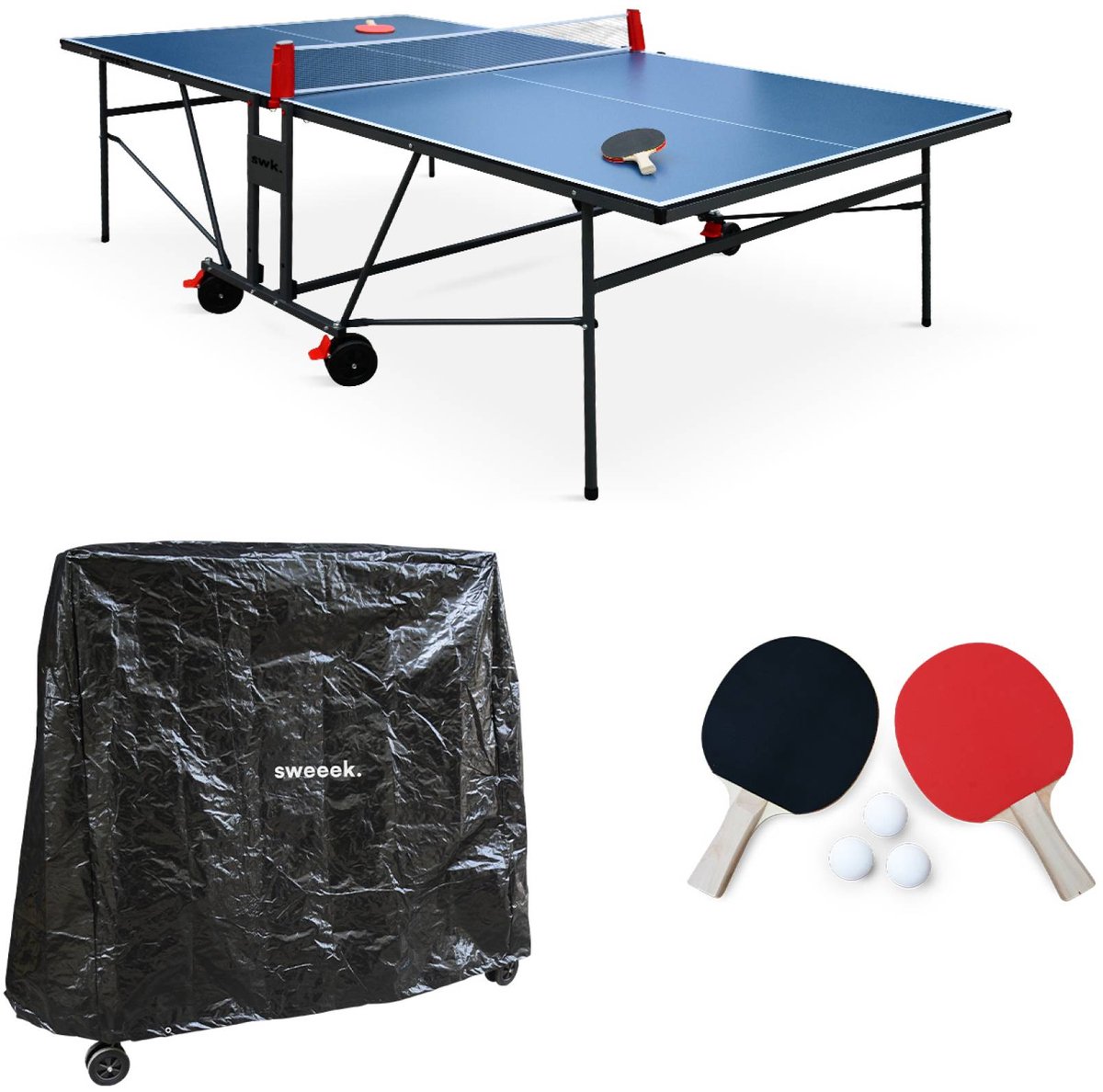 sweeek - Indoor tafeltennistafel voor binnengebruik met 2 batjes en 3 ballen en beschermhoes