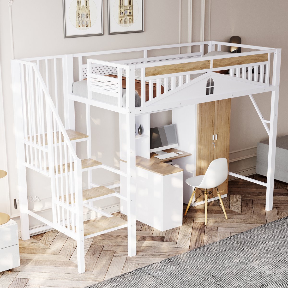 MODFU Hoogslaper 90x200 cm – Wit metaal/hout – Zijtrap met opbergruimte – Veiligheidshek met venster – Kindermeubel