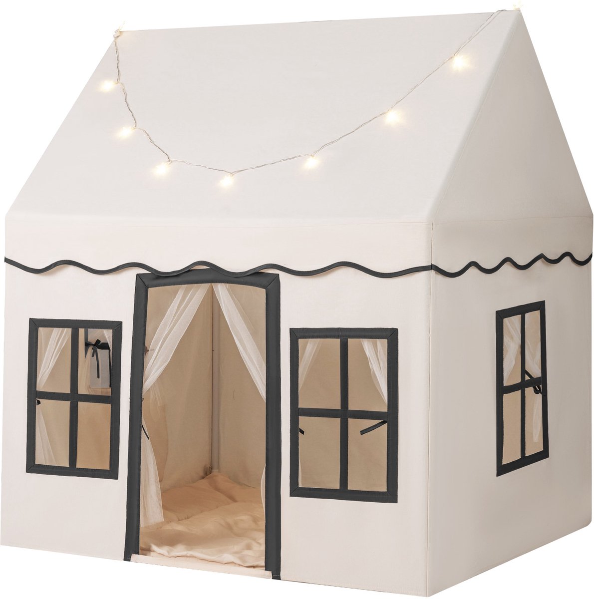 COSTWAY Kindertent met lichtjes, speeltent voor binnen, prinsessen kinderhuis met ramen en gordijnen, kinderspeeltent, speelhuis voor jongens en meisjes, beige