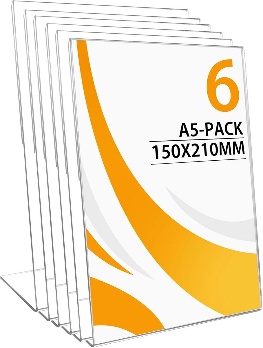 6x Tafelstandaard A5 Transparant Acryl - L-Vormig Schuin Displaybord