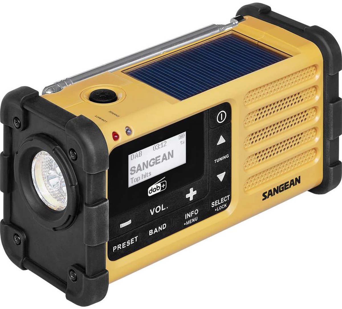 Sangean MMR-88 DAB+ Outdoorradio DAB+, VHF (FM) Noodradio Acculaadfunctie, Zaklamp, Zonnepaneel, Handslinger Zwart, Gee